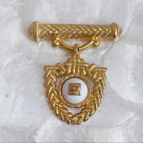 Givenchy Gold Tone Crest Emblem White Bead Brooch - Picture 1 of 9